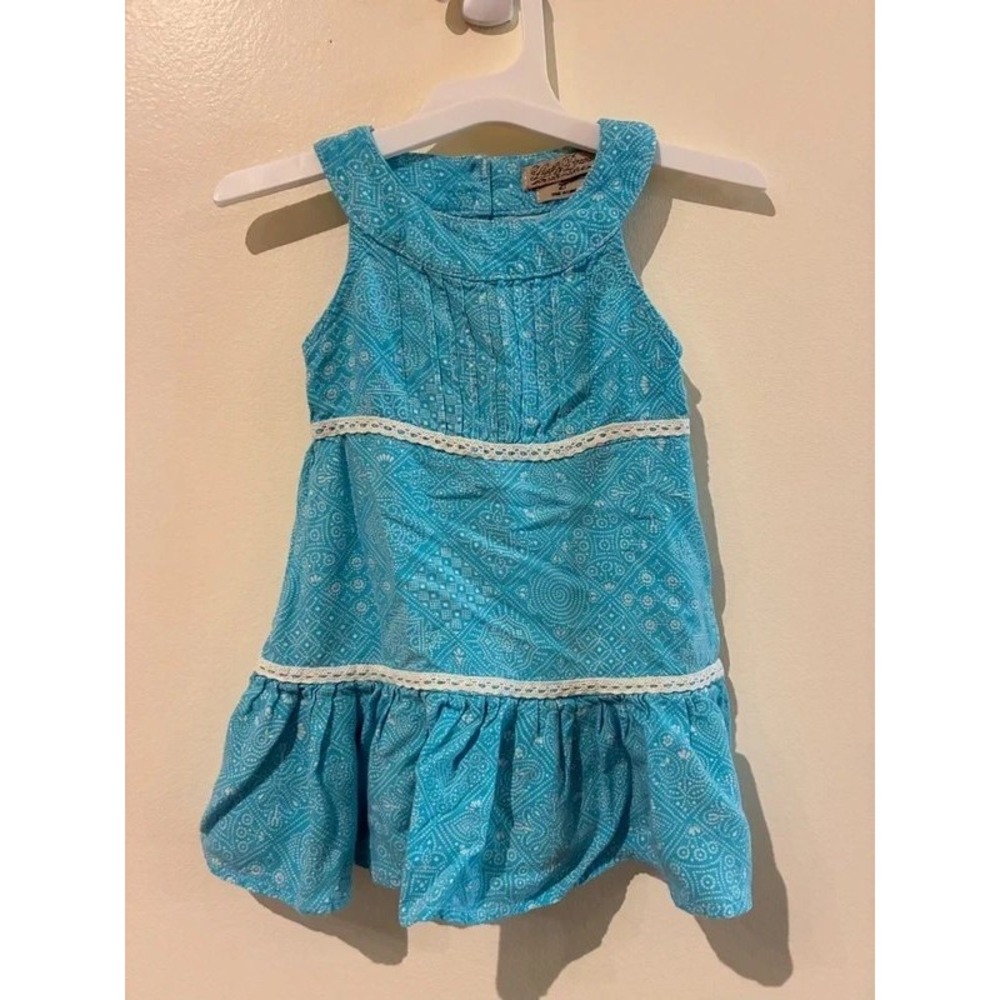 Lucky Brand Girls 2T Turquoise Blue Boho Bandana Print Lace Trim Ruffle Dress